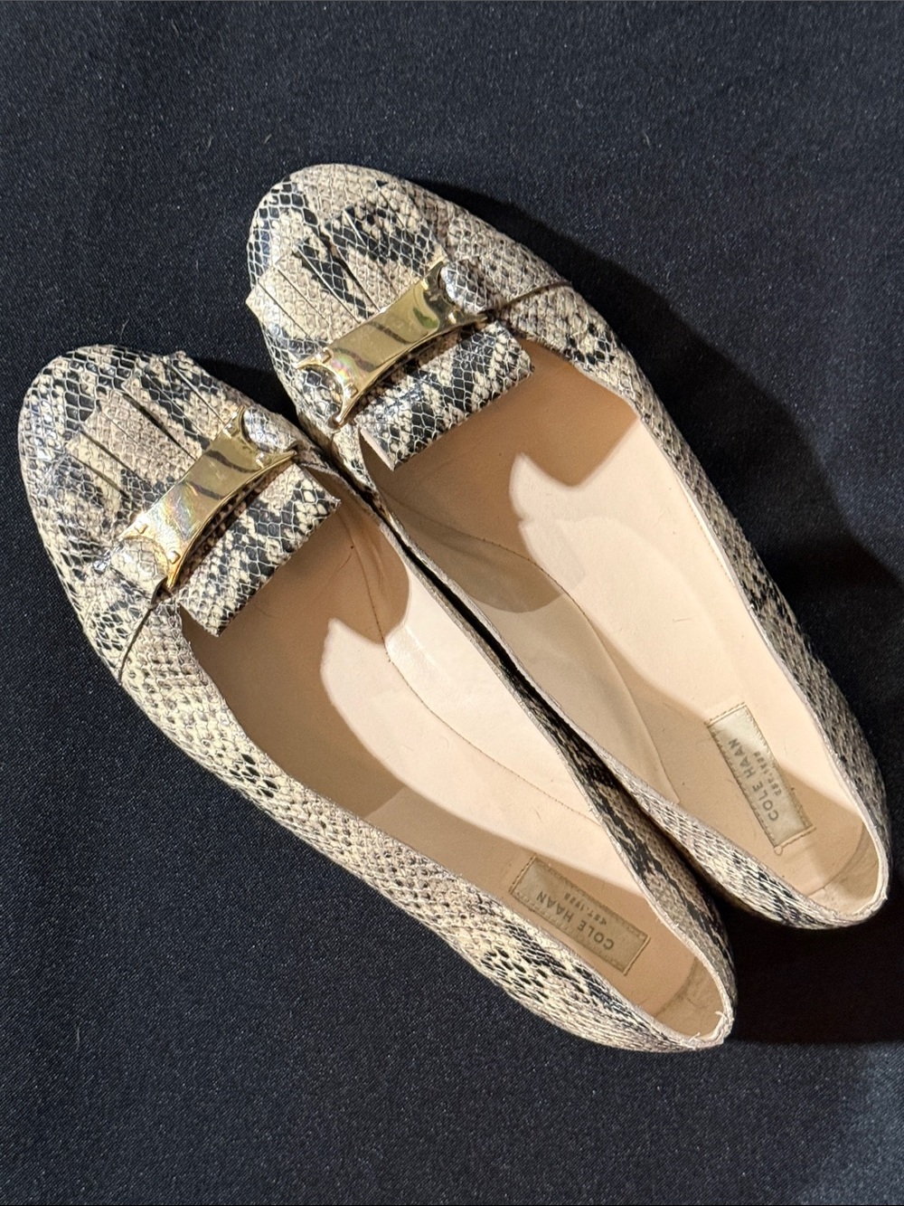Cole Haan Snake-Print Ballet Flats in Beige and Black with Gold Accent
